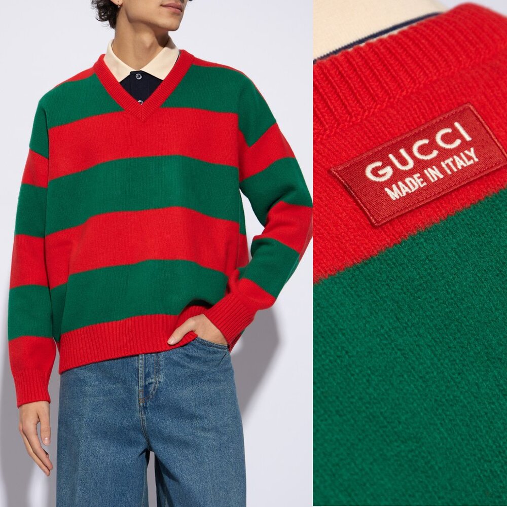 GUCCI MENS SWEATER RED GREEN FELTED WOOL STRIPED PULLOVER V-NECK L OR XXL